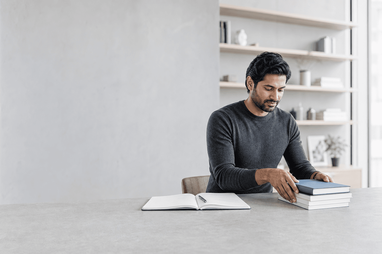 Professional candidate arranging certification study materials at a desk